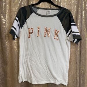 PINK Victoria's Secret White Camo Rose Gold Sequin Bling T Shirt, Large